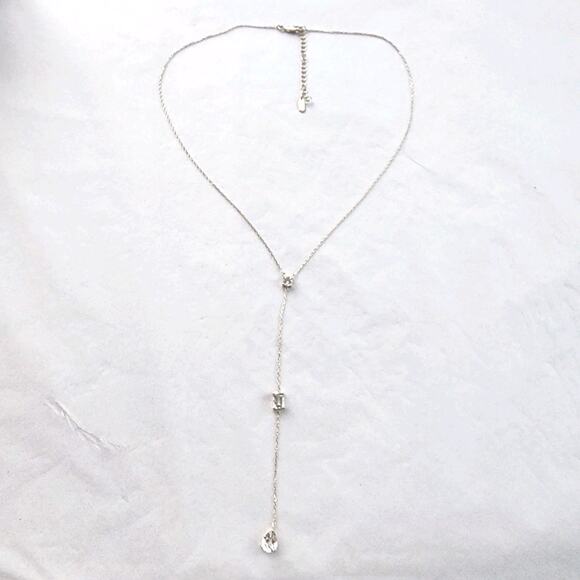 Lariat Necklace Sterling Silver 925 Dainty CZ's Crystal Extra Long Drop Plunge - Picture 1 of 12